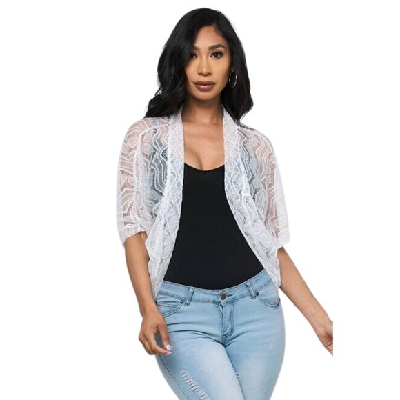 NWT White Bolero Shrug Cardigan Lace Leaf Print Half Sleeve  One Size fits S-L - Picture 2 of 4